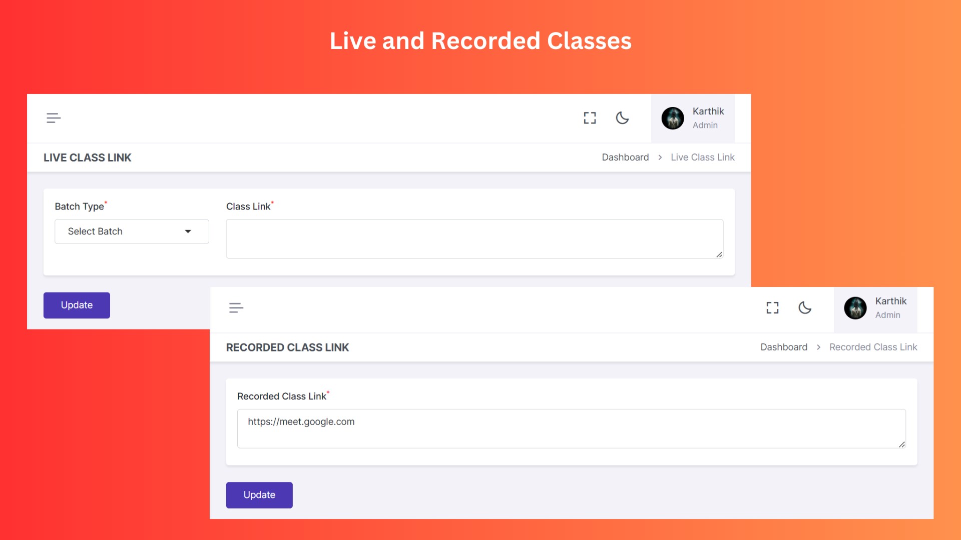 Feature to dynamically update live class and recorded class links.