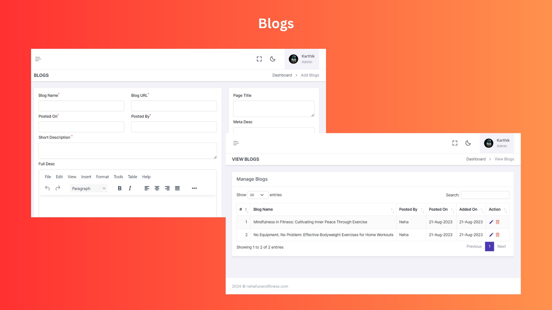 Feature to manage blog posts with an SEO enhancement option for updating page titles, meta descriptions, and meta titles.