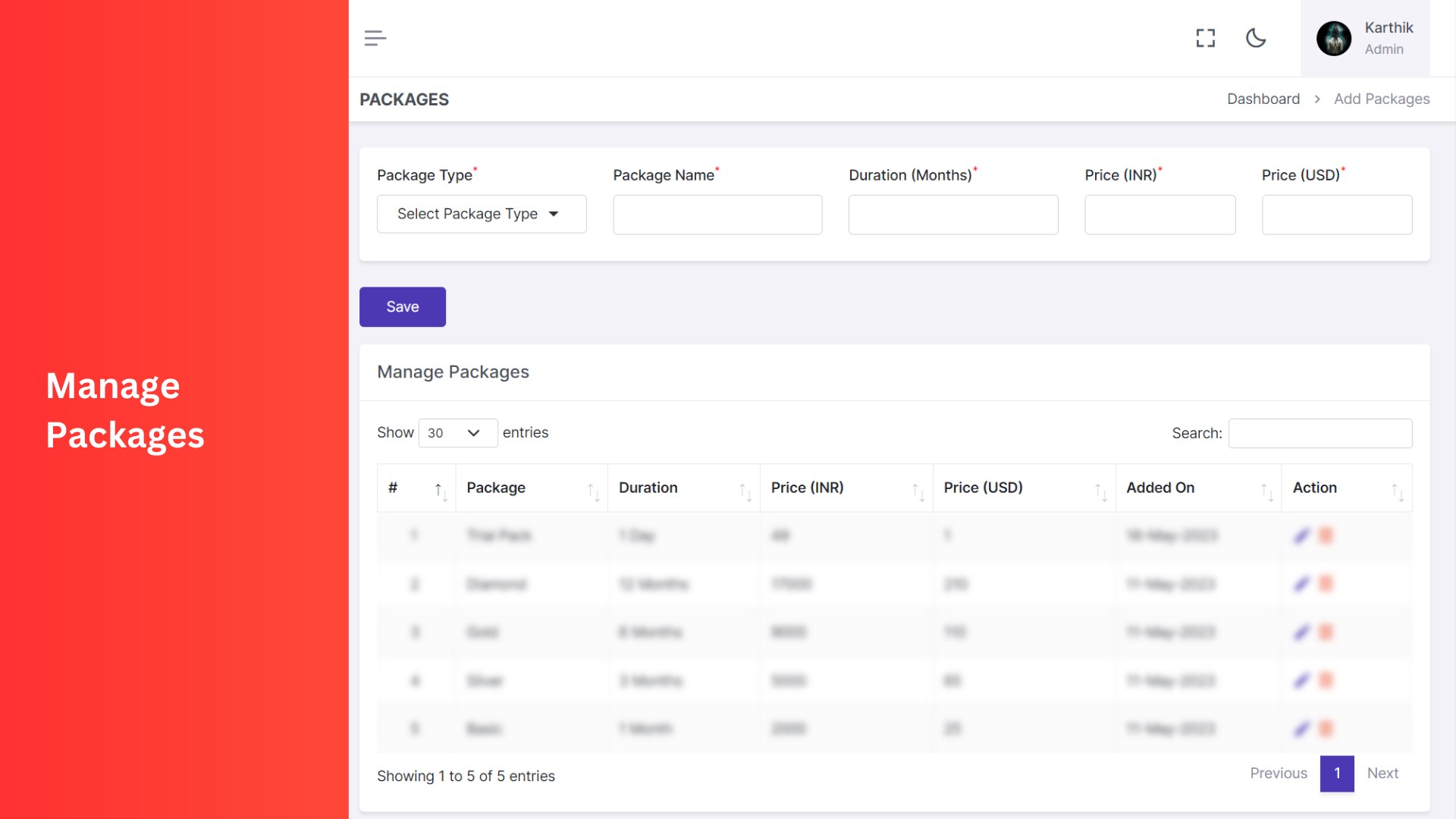 Feature to manage packages with customizable pricing options.