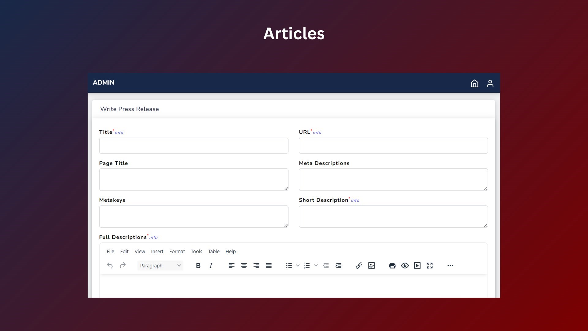 Feature to manage articles with an SEO enhancement option for updating page titles, meta descriptions, and meta titles.