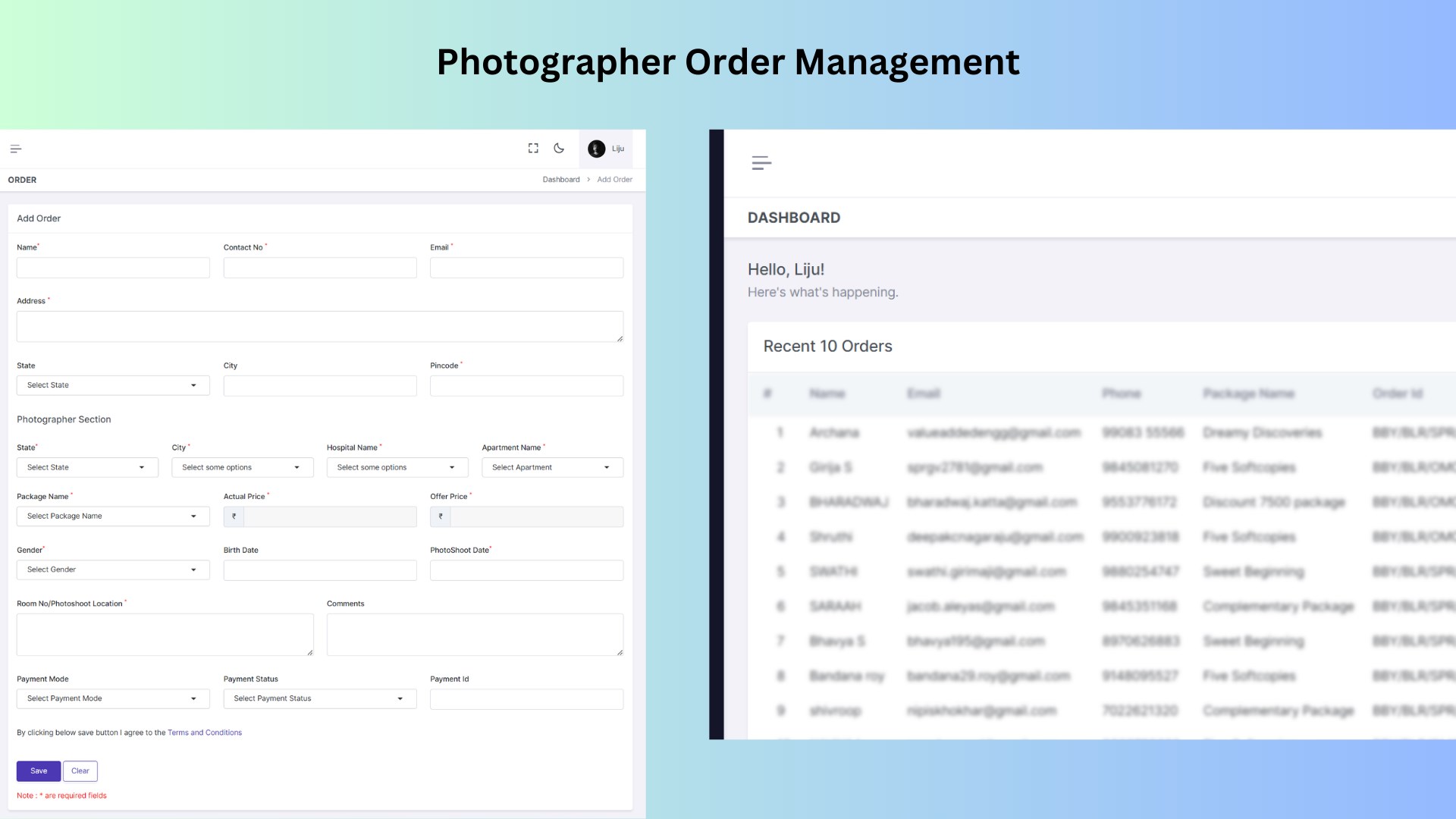 Exclusive photography dashboard with features to view all packages, create orders, and manage existing orders.