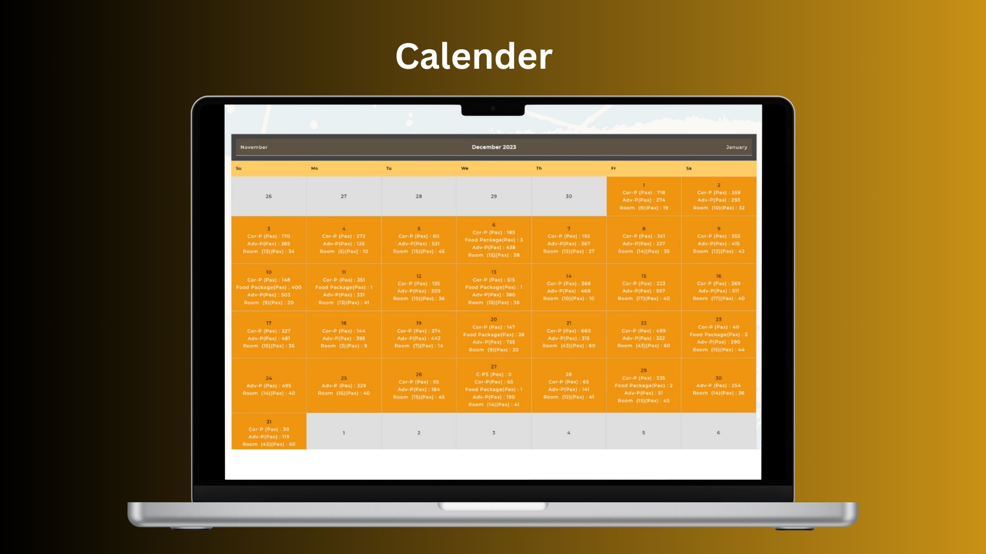 Exclusive calendar feature showcasing comprehensive details on the availability of rooms, venues, and events.