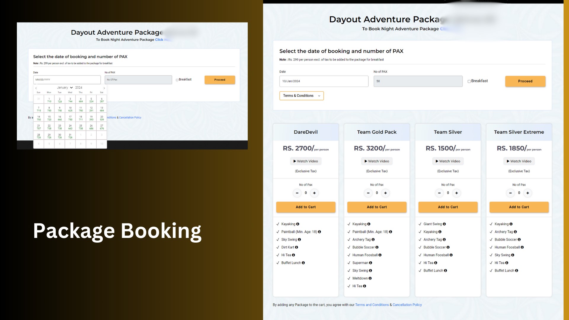 Package booking feature with a custom calendar displaying specific details of available time slots.