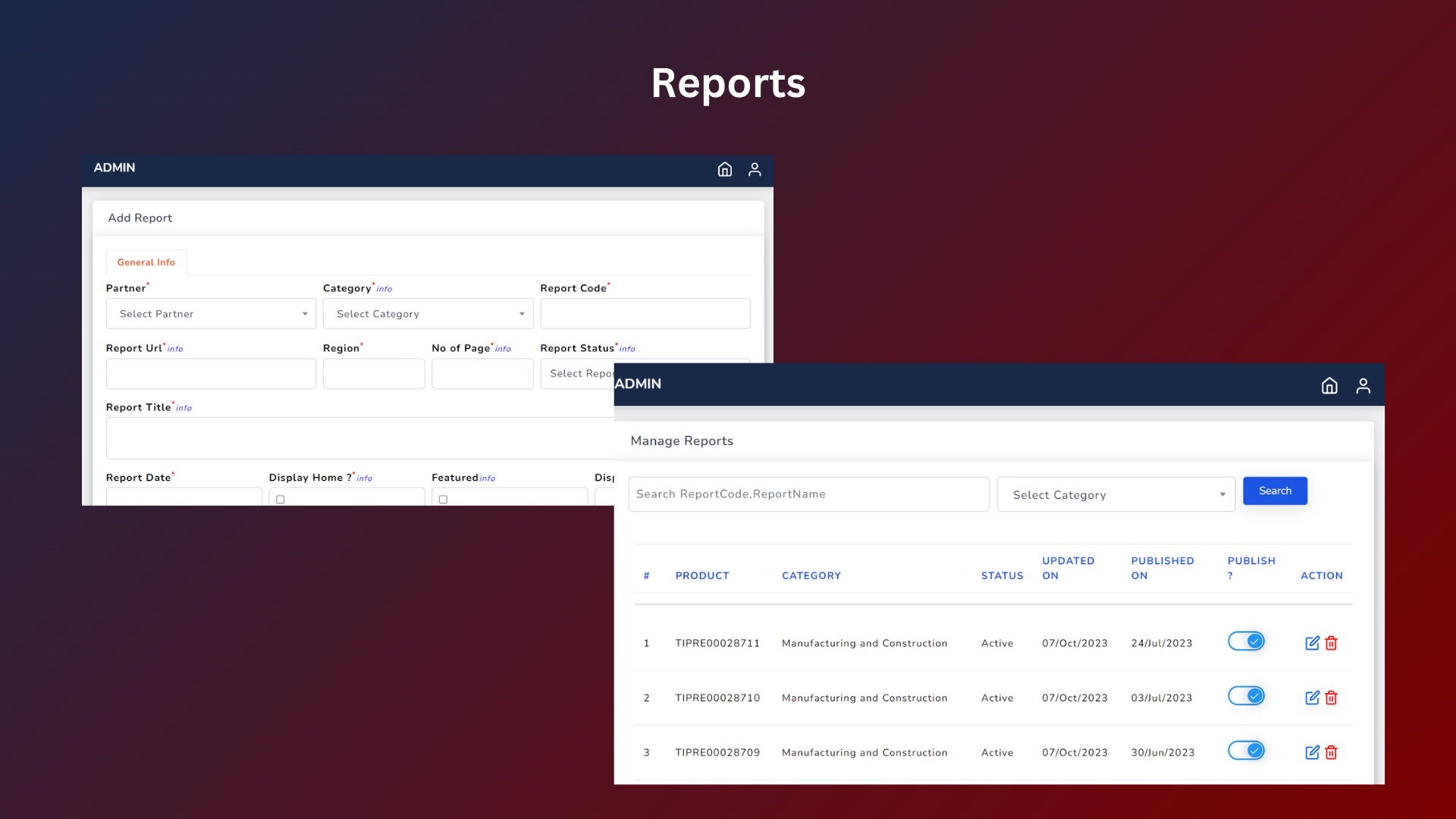 Feature to manage market reports with a table of contents, full descriptions, company listings, reasons to buy, and a list of tables, all accompanied by an SEO enhancement option for updating page titles, meta descriptions, and meta titles.