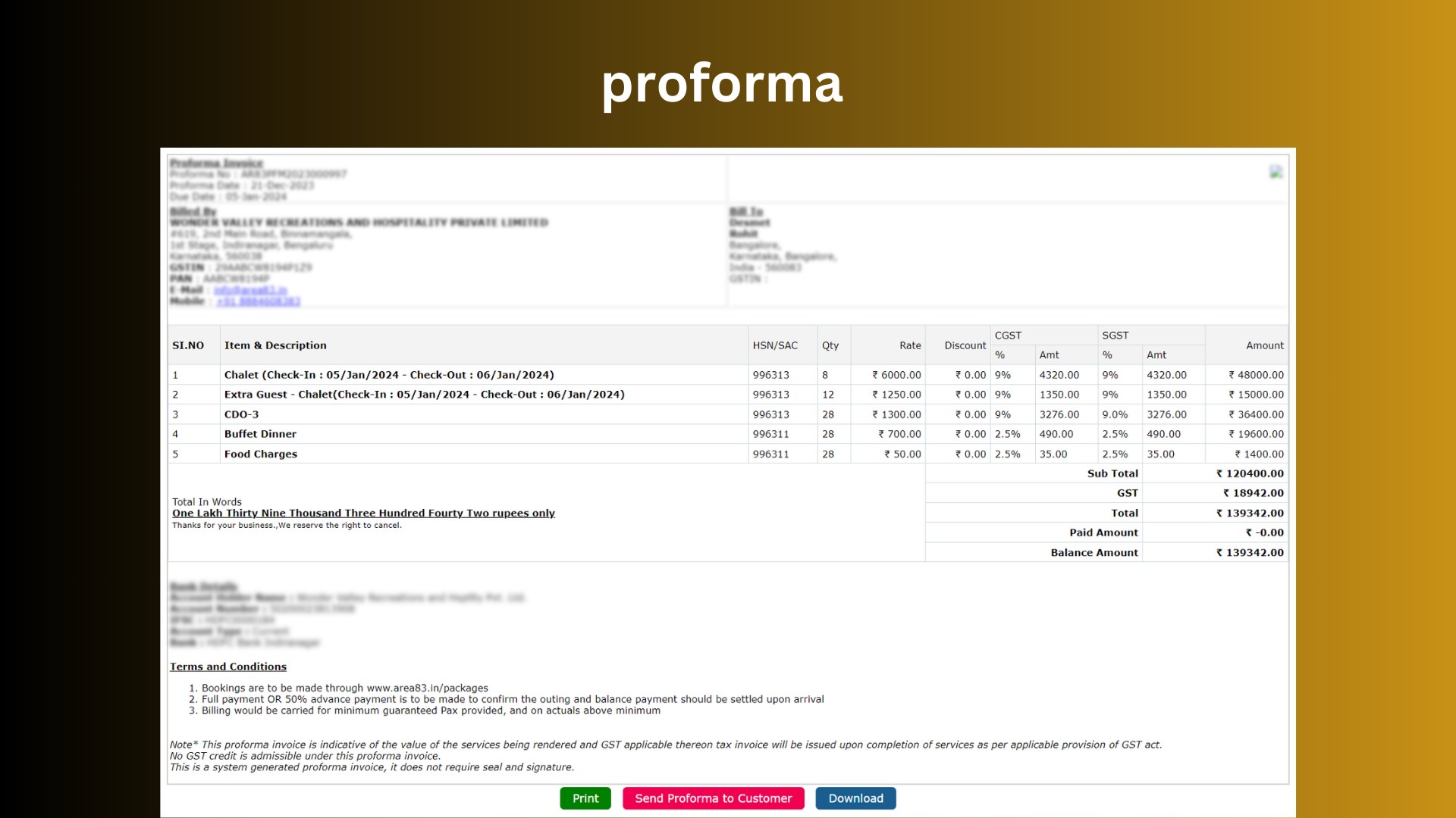 Implemented a feature that generates proforma invoices for each booking, facilitating seamless transaction processing and documentation of users.
