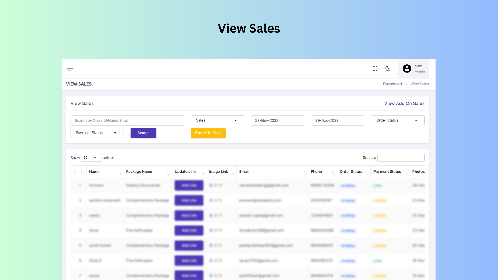 Feature that allows users to view all sales in one place, with convenient filters such as date, order status, order ID, and user name etc.