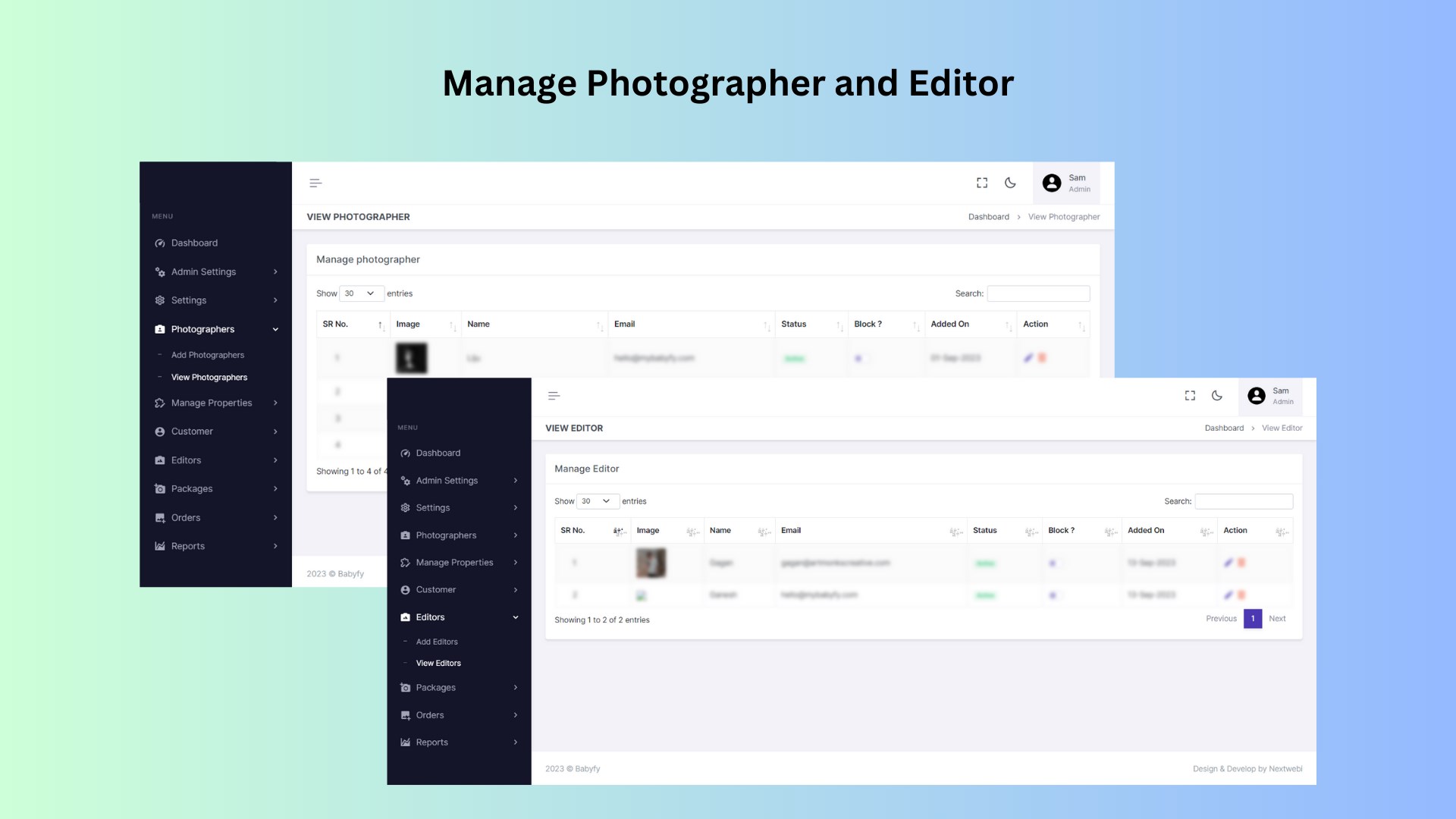 Feature for admin to create photographers and editors accounts, enabling them to manage and block users as needed.