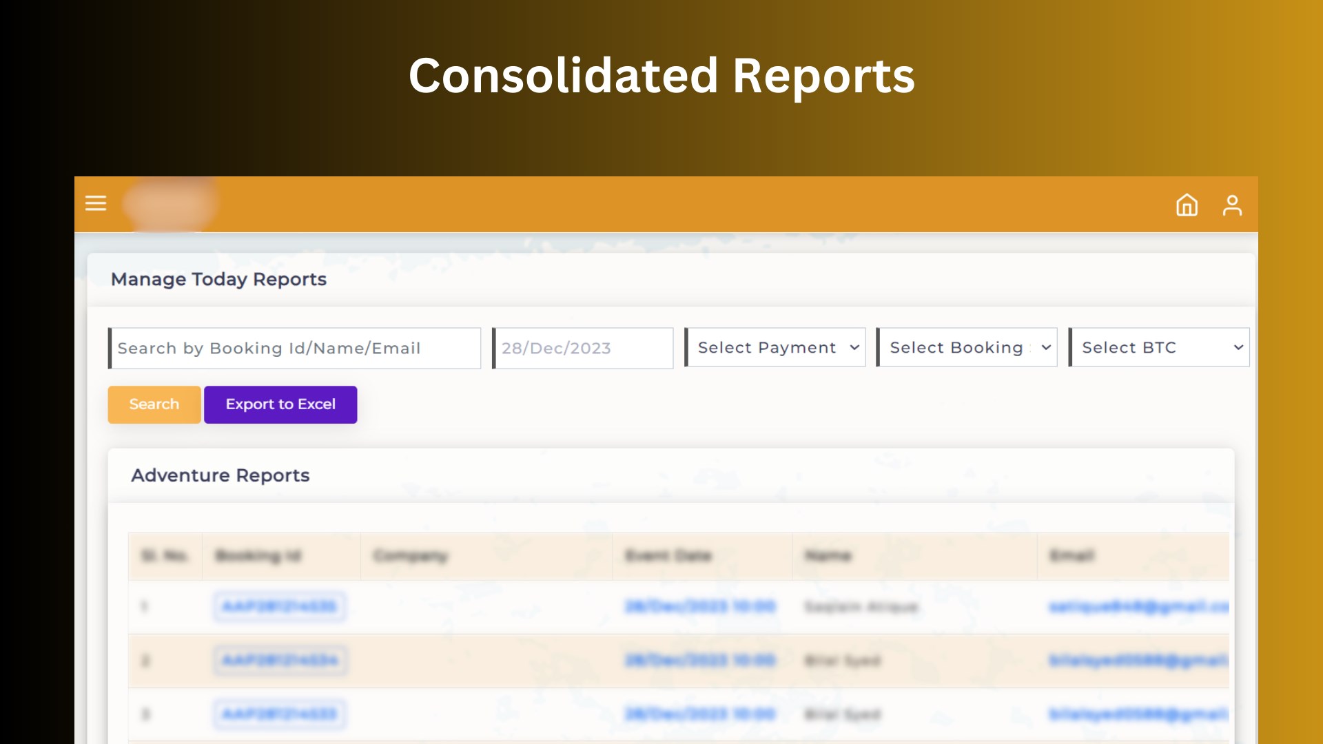 Consolidated reports feature enabling users to view all booking details in one comprehensive overview.