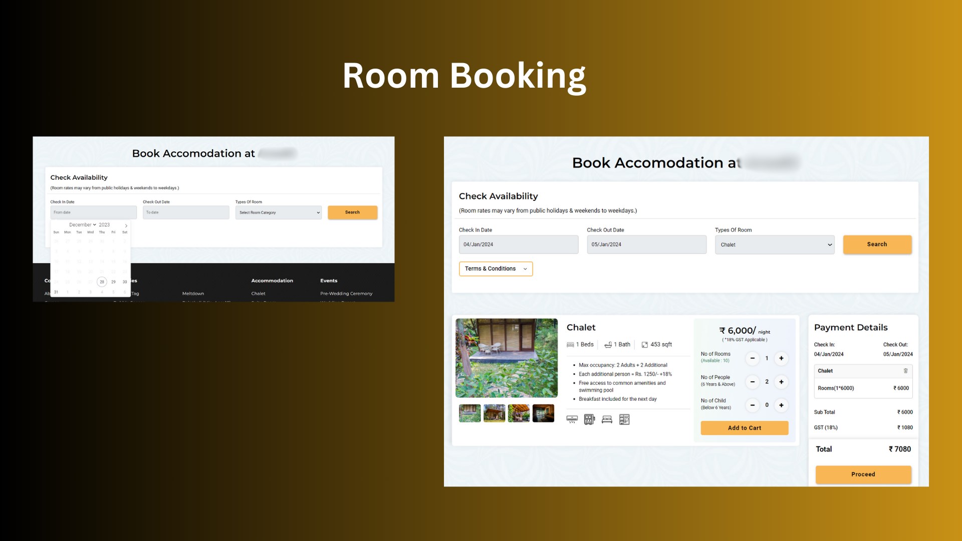 Room booking feature that displays available rooms for selected dates, along with a room gallery updated from the backend.