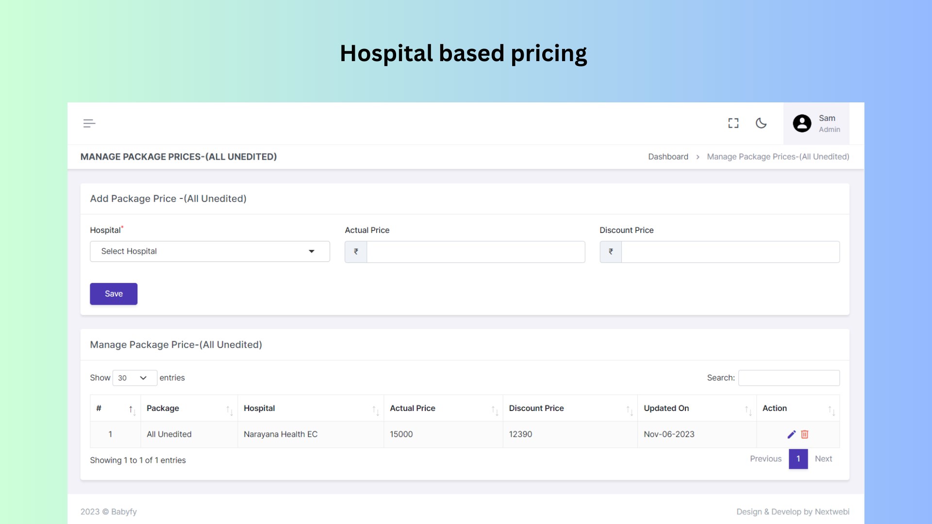 Feature for custom pricing of photography packages based on the hospital