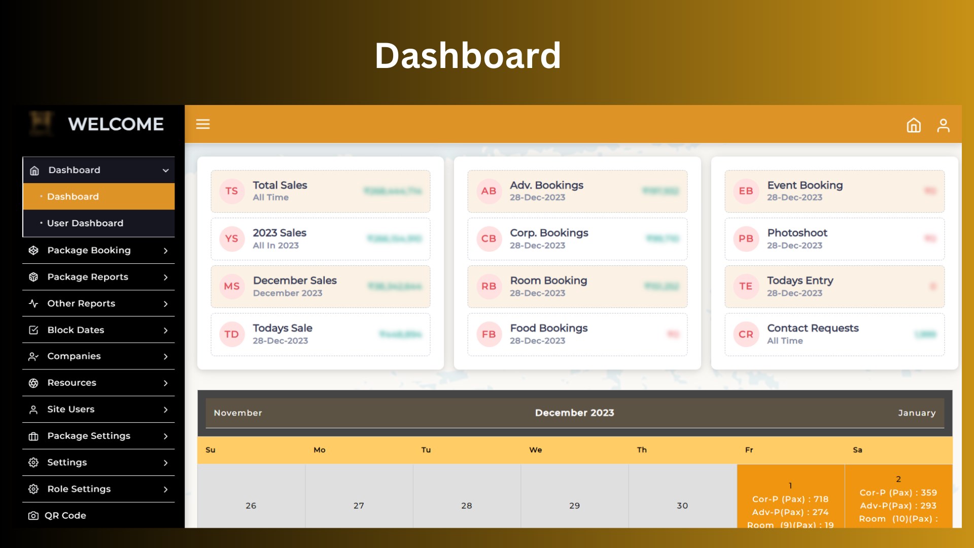 Custom dashboard featuring a calendar displaying booking details and room availability