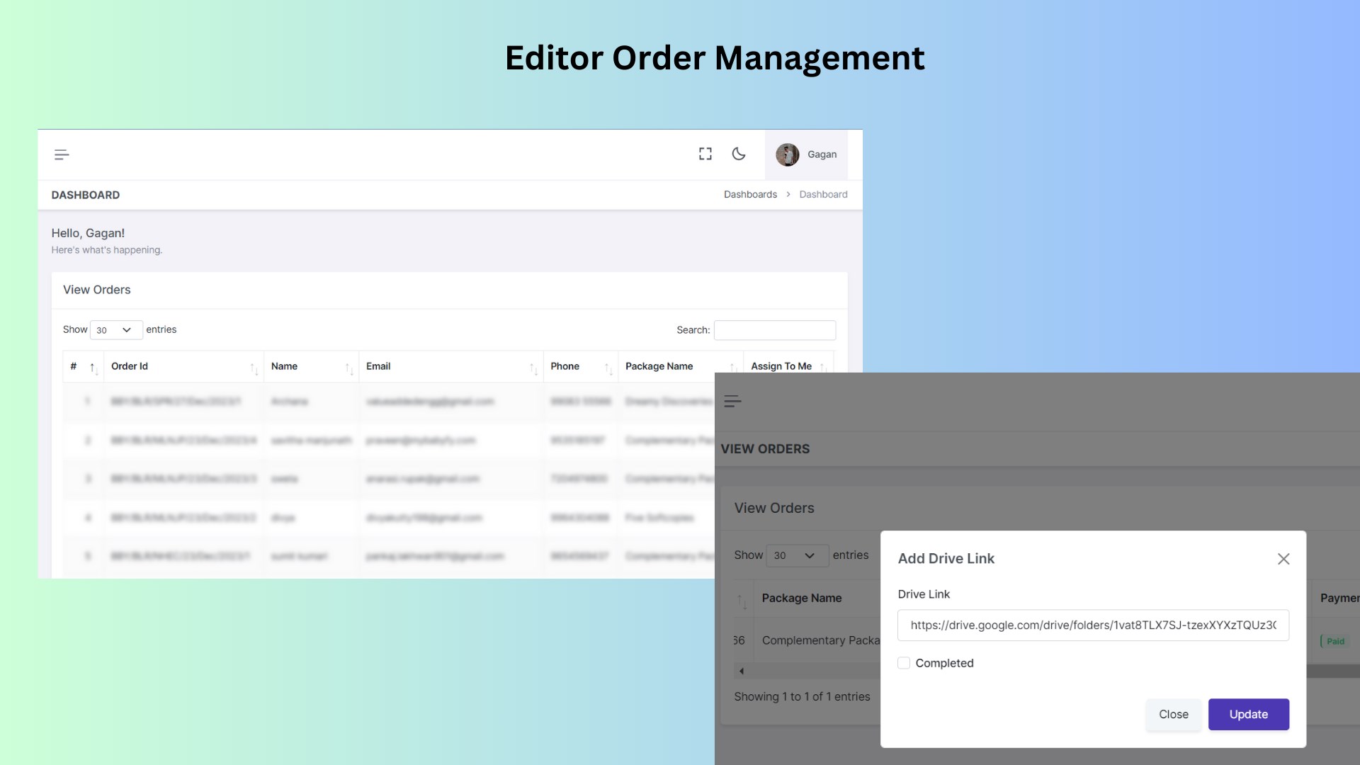 Exclusive Editor dashboard with features to update orders, view and manage assigned orders, and the option to self-assign orders.