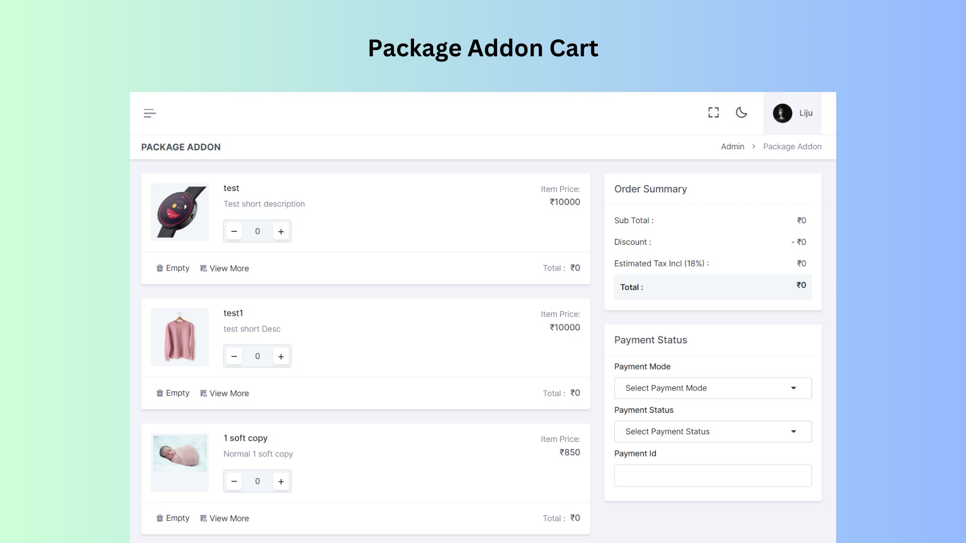 Exclusive cart feature, similar to ecommerce platforms, that provides users with flexibility to create package add-on orders.