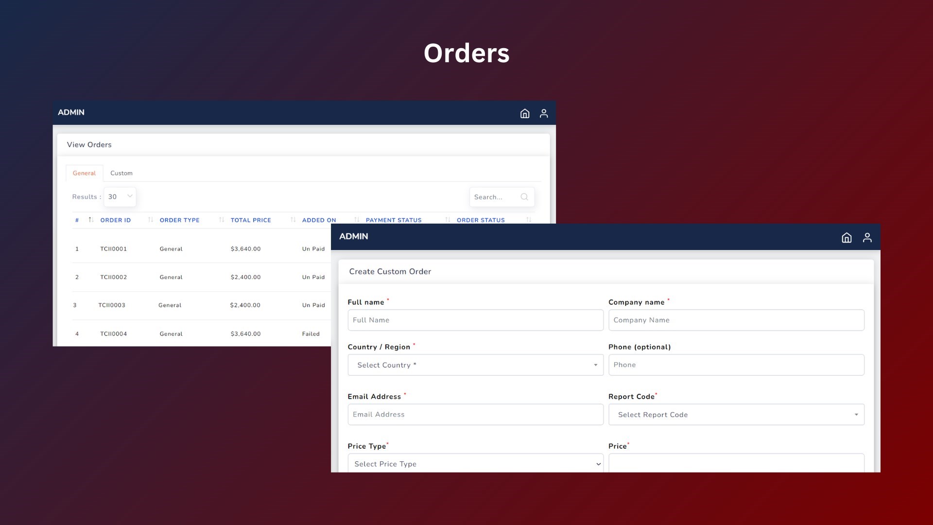 Feature to view all placed orders and create custom orders for offline purchase of reports.