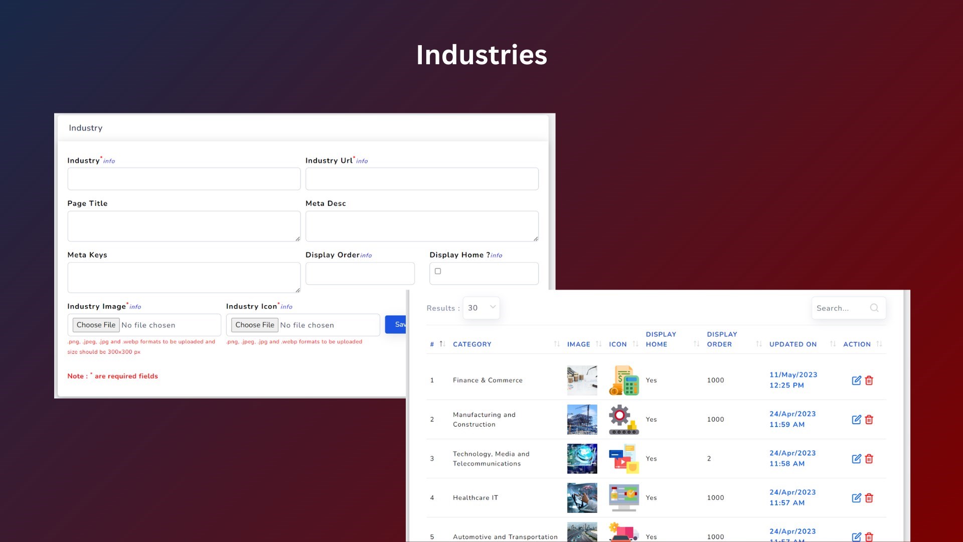 Feature for managing industries with an SEO enhancement option to update page titles, meta descriptions, and meta titles