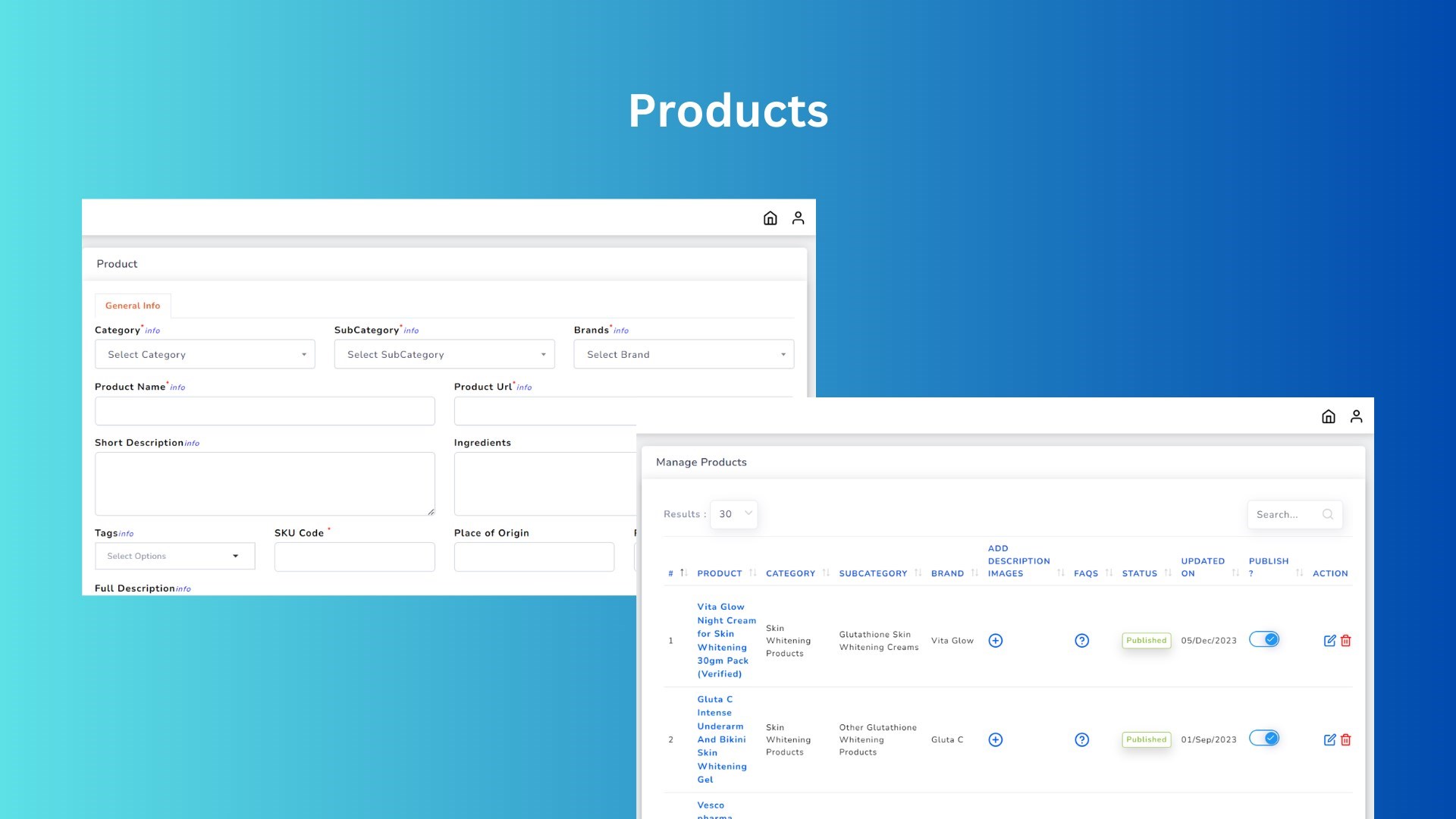 Feature to manage products with customizable pricing, allowing users to set individualized prices for products. Additionally, users can add product-related FAQs and images to enhance the product information and presentation.
