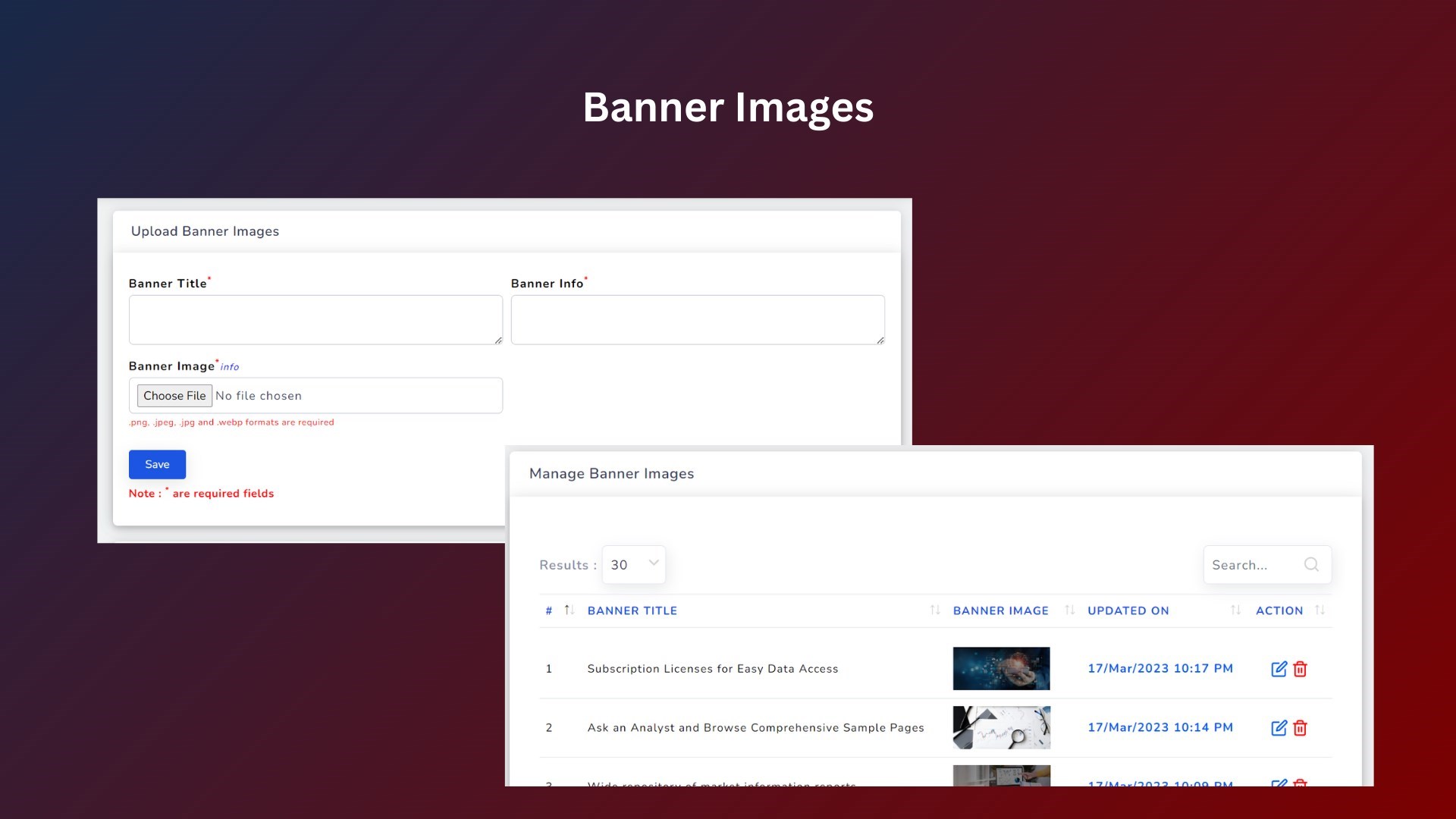 Feature to manage banner images in the homepage slider.