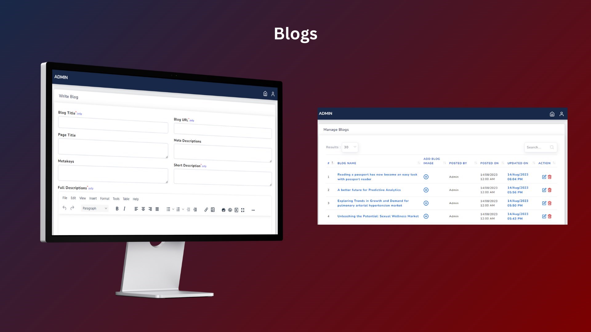 Feature to manage blog posts with an SEO enhancement option for updating page titles, meta descriptions, and meta titles.